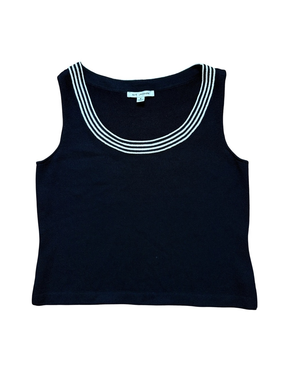 St John Santana Knit Scoop Neck Tank Top Size Medium Black White Trim Wool Shell